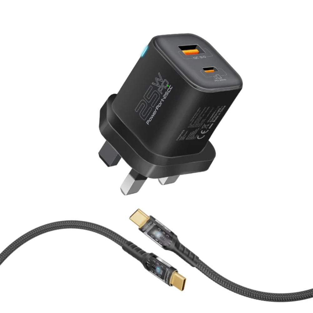 Promate PowerPort-25CC 25W Dual Port Adapter Combo with 60W Fast Charging USB-C Cable Promate PowerPort-25CC 25W Dual Port Adapter Combo with 60W Fast Charging USB-C Cable